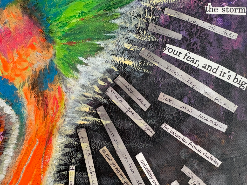 Mixed-media painting of a feather with collaged words