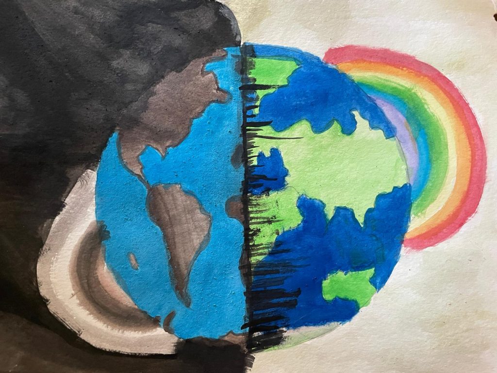 Painting of the earth beside a rainbow
