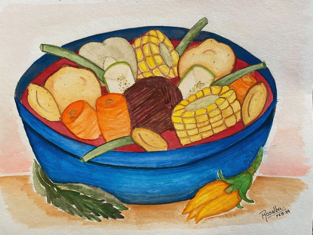 Watercolor of a bowl of soup with corn, carrots and potatoes