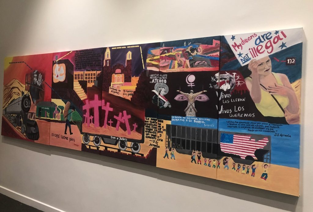 Five-panel mural of the social movements of Mexico, painted by the CCATE community